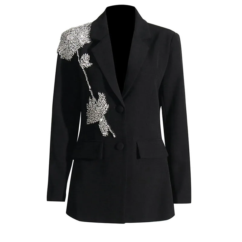 

Women's Black Tmperament New Spring And Autumn Suit Jacket Women's Diamond-Encrusted Three-Dimensional Silhouette Suit Jacket