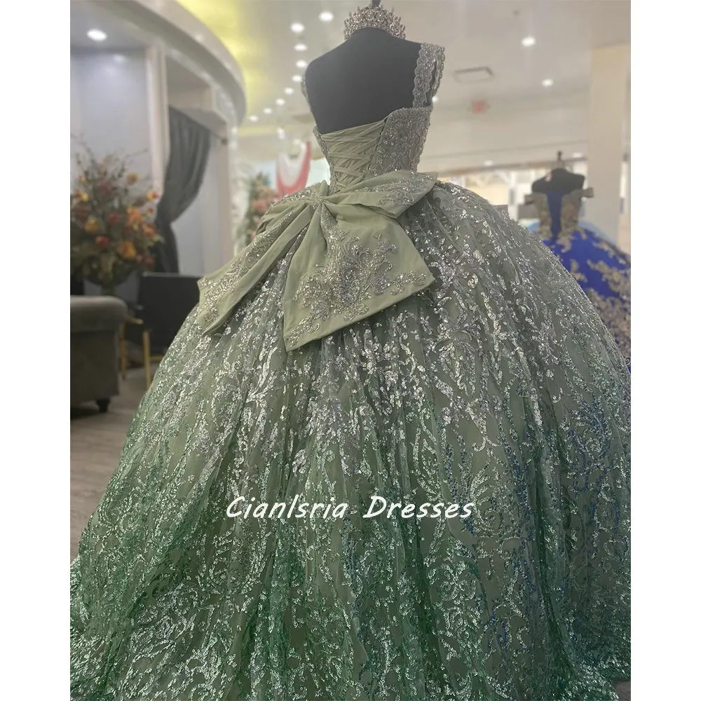 Mint Groene Glitter Lovertjes Kralen Quinceanera Jurken Baljurk Uit De Schouder Boog Korset Zoete 15 Vestidos De Quinceañera