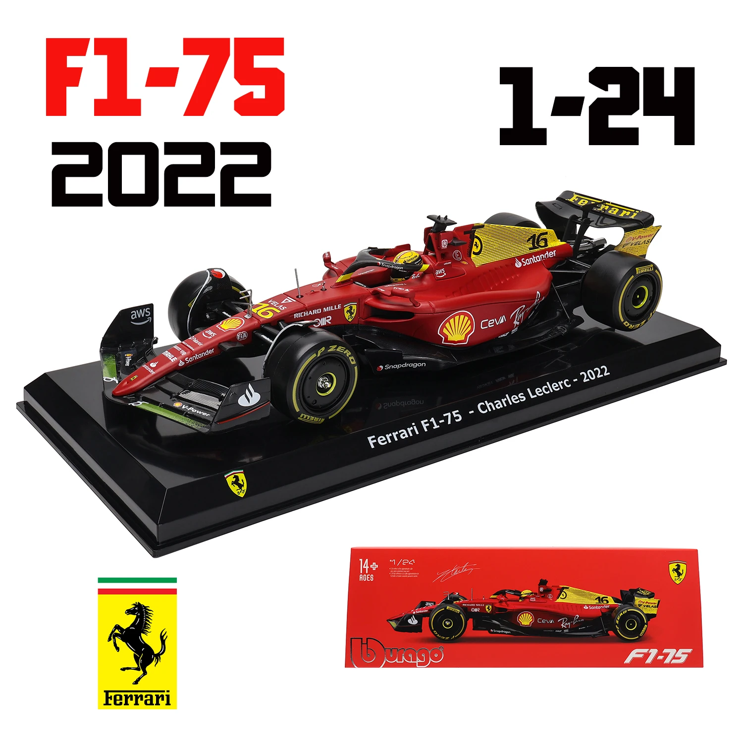 Bburago 1:24 75-jarig Jubileum #16 Leclerc 2022 F1 Scuderia Ferrari F1-75 #55 Sainz Legering Automodel Formule Één Spuitgieten Model