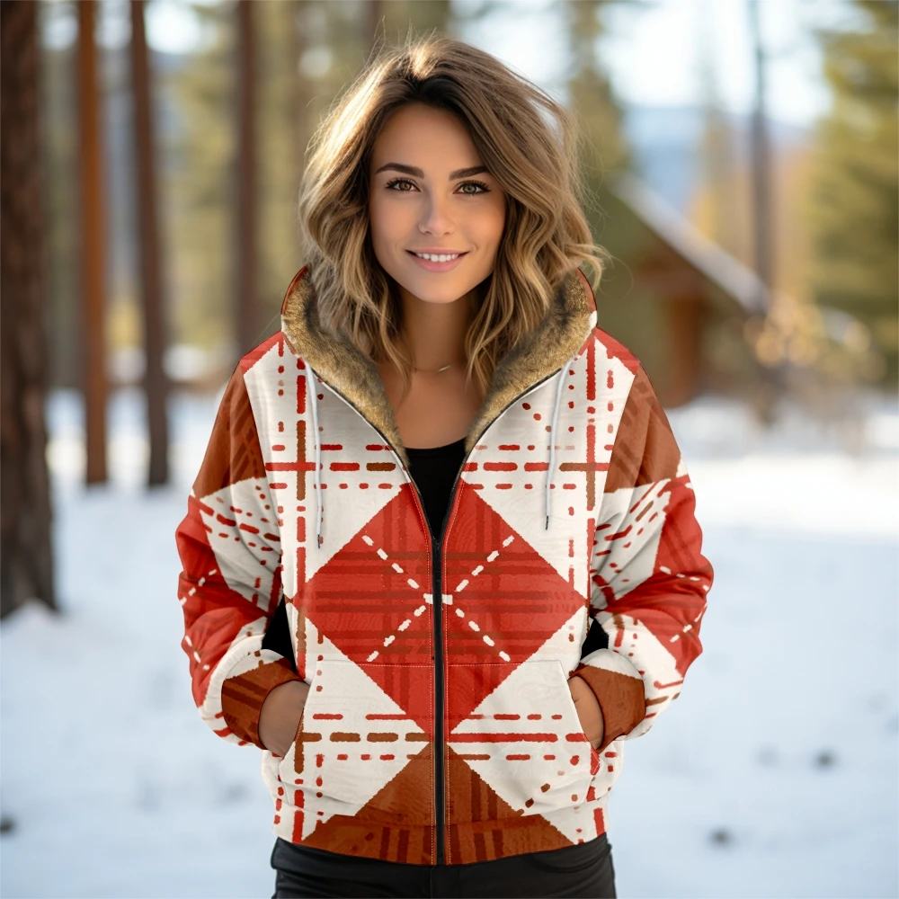 Cozy Soft Fleece-Lined Zip-Up Jacket Women Winter Geometric Print Hooded Coat Hipster Plaid Winter Wear for Snowy Forest Outings