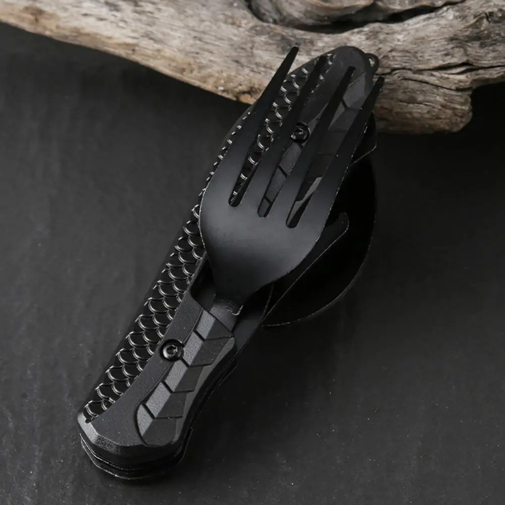 Three-in-One Multi-Tool Camping Folding Knife Comfortable Grip Hook Design Stainless Steel Folding Spoon Fork Knife Bottle Opene