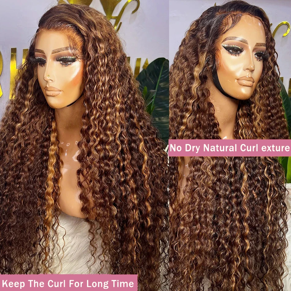 Highlight Deep Wave 13x6 HD Lace Frontal Wig Human Hair 40 42 Inch Honey Blond Curly 13x4 Lace Front Wigs For Women Pre Plucked
