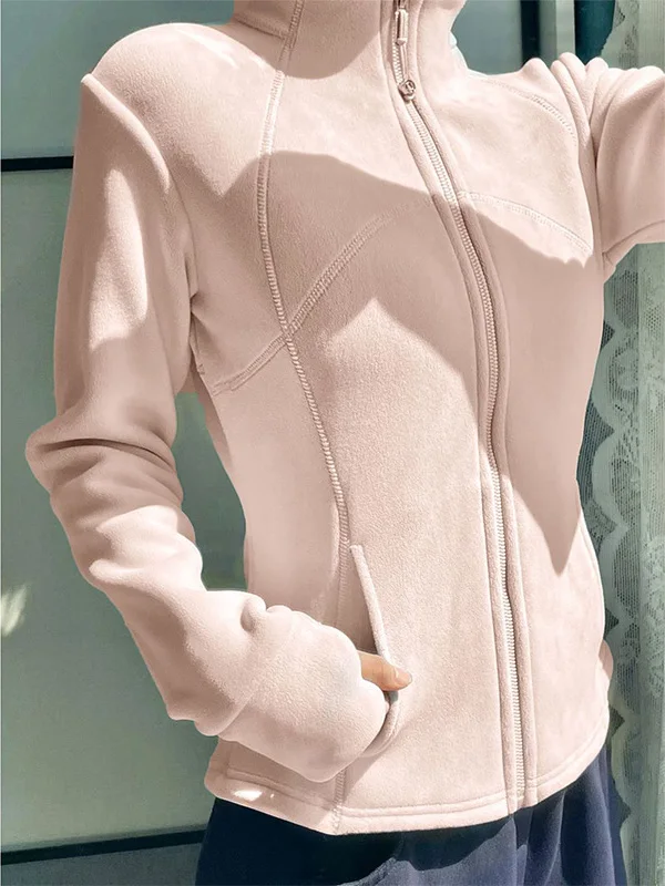 

Women's Slim Fit Yoga Sweatshirt Cardigan Fleece Lined Thickened Stand Collar Waist Cinched Short Style Outerwear Top