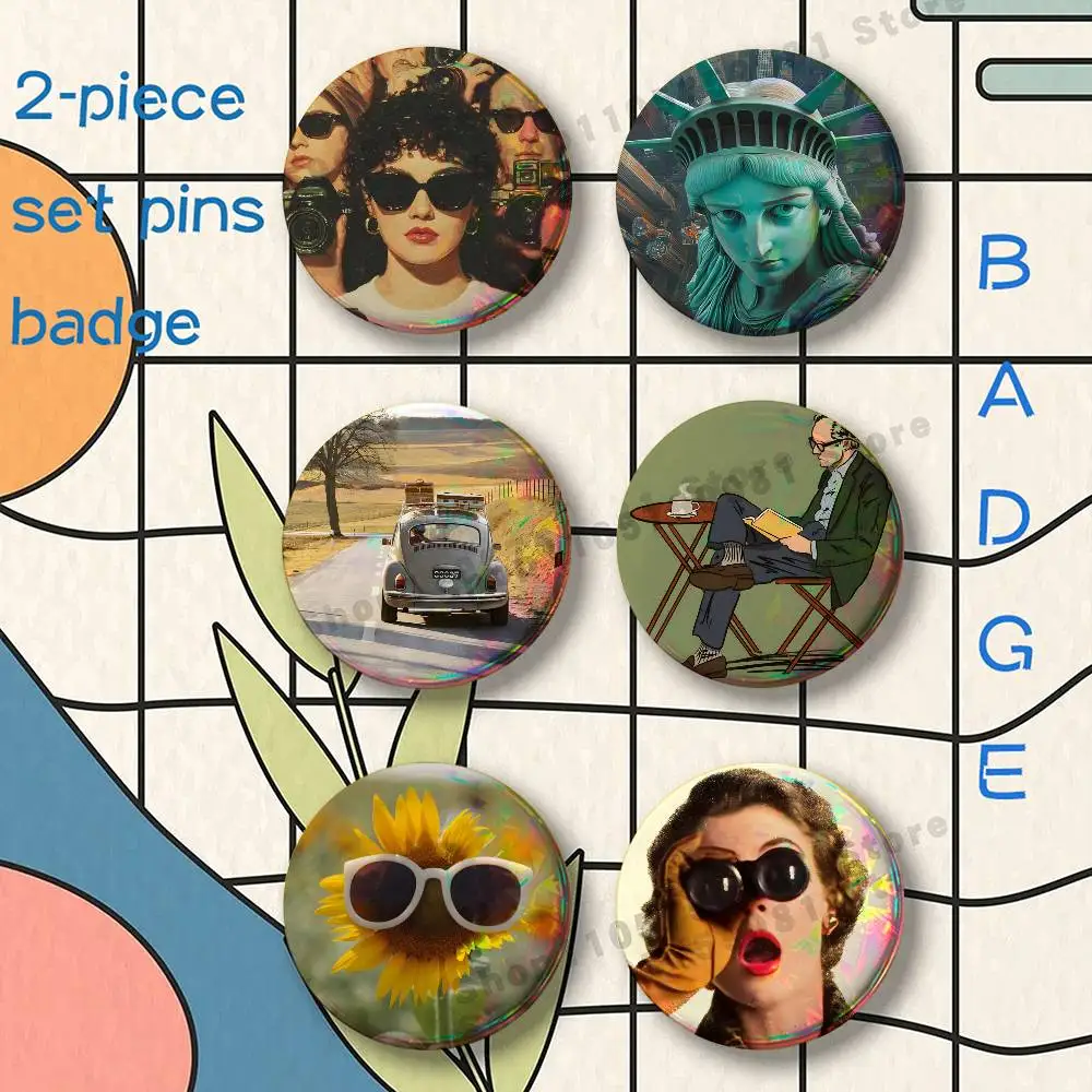 Vintage Retro Photos Brooches for Backpack Accessories 25 32 44 58 75mm Round 2-piece set Free Mix
