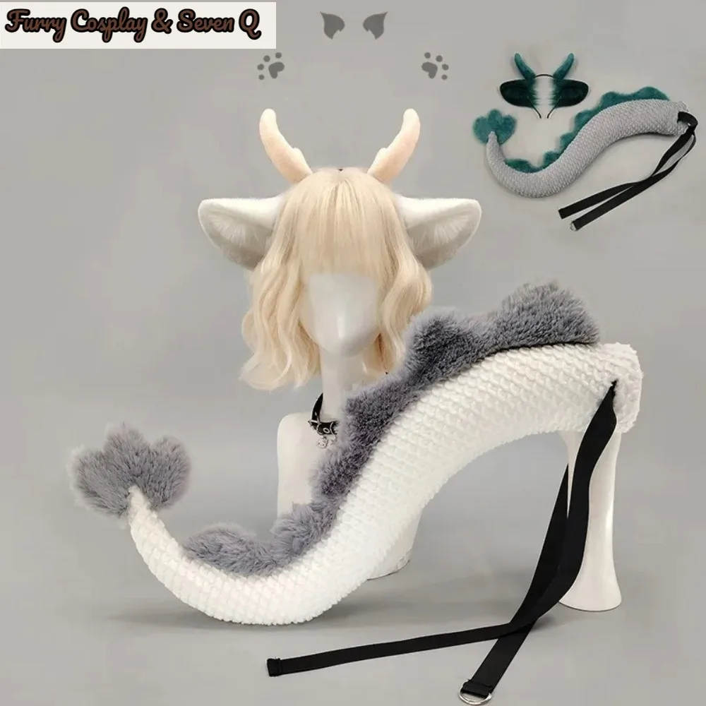 Handwork Little Dragon Ears Tail Set Fursuit Cosplay Costume Furry Animal Tails Ear Headband Halloween Party Suit for Women Men