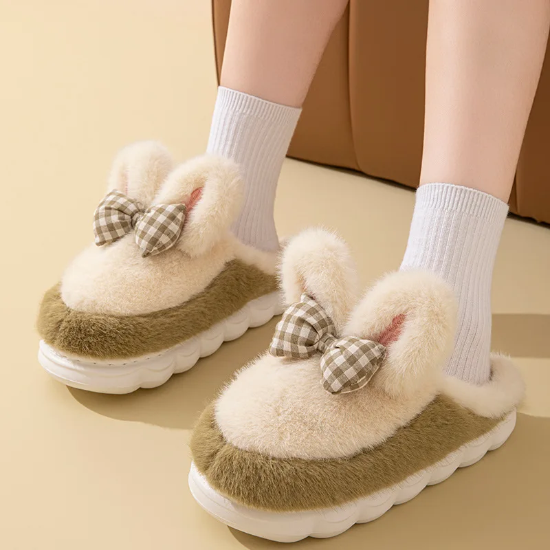 

Меховые тапочки с мультяшными кроличьими ушками, новые зимние домашние теплые хлопковые тапочки на толстой подошве для пар, женские и мужские пушистые туфли для спальни