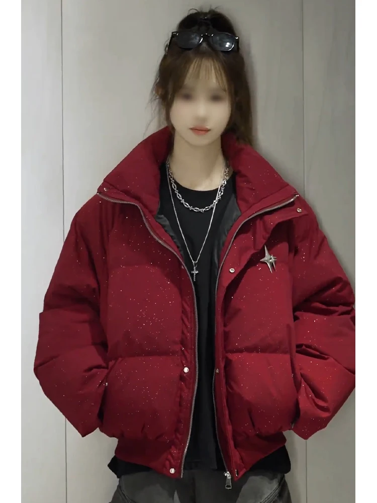 

Red Wine Color Tianxing Stand Collar ort Cotton Jaet Men Women Winter Thiened Warm Bread Sle High End Cotton Coat