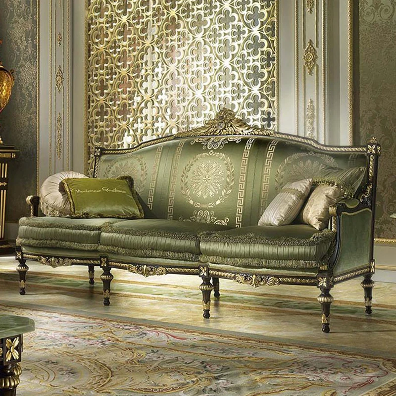 

Classical Luxury Solid Wood Sofa Set Furniture European Style Green Fabric Living Room Sectional Sofas