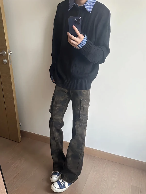 

American High Street Camouflage Pants Men's Autumn Multiple Pockets Slimming Bell Bottoms High Waist Denim Jeans