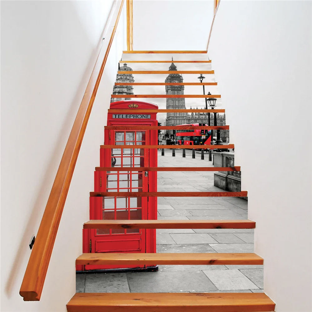 12pcs/Set Paris Street Corner Scenery Stairs Stairway Sticker Living Room Hotel Decoration Red Telephone Booth Staircase Mural