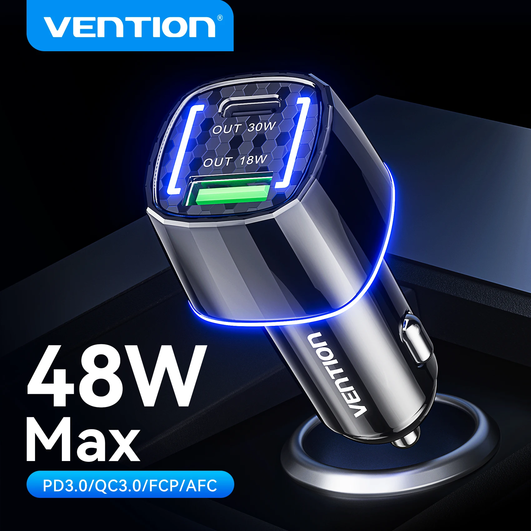 

Vention USB Car Charger 30W Quick Charge PD QC4.0 QC3.0 Type C Fast Car USB Charging For iPhone 15 Xiaomi Huawei Mobile Phone