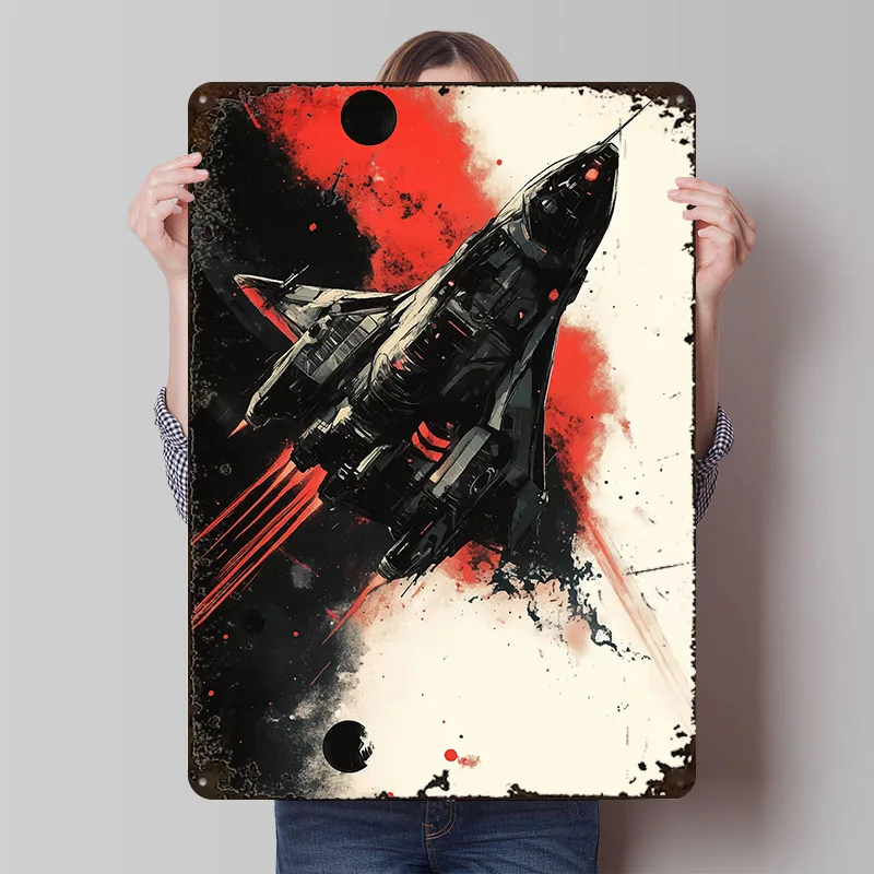 Raumschiff im Roten Nebel Metallposter Individuelle Wandkunst Retro Vintage Blechschilder für Männerhöhle Dekoration Zimmer Badezimmer Dekor