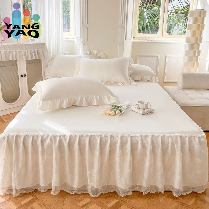 

3PCS Lace Skirt Bedding Bed Princess Beige Lace Bed Skirt And Pillowcase Bed Cover Bedspread Bed Sheet Anti Slip Protective