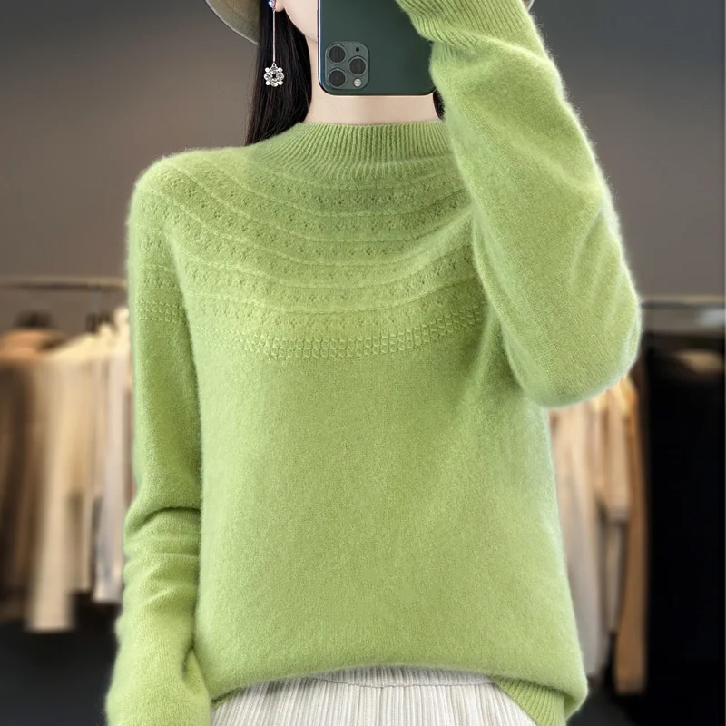 

Autumn and winter new female 100% pure wool pullover solid color semi-high collar long sleeve loose hollow cashmere sweater top