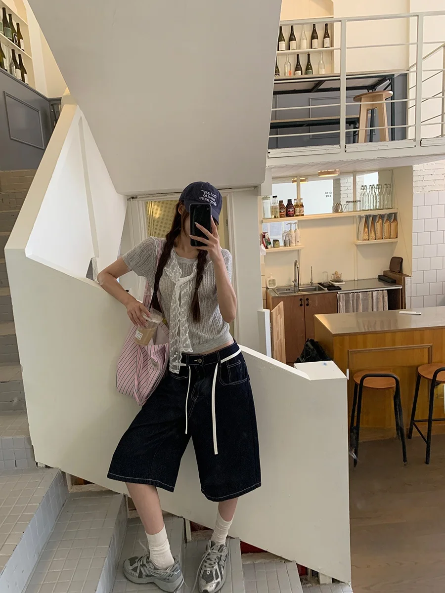 

High Waist Wide Leg Blue Jeans Women's Loose Fit Summer Vintage Straight Cut Seven-Foot Pants HRG Style Fashionable Denim