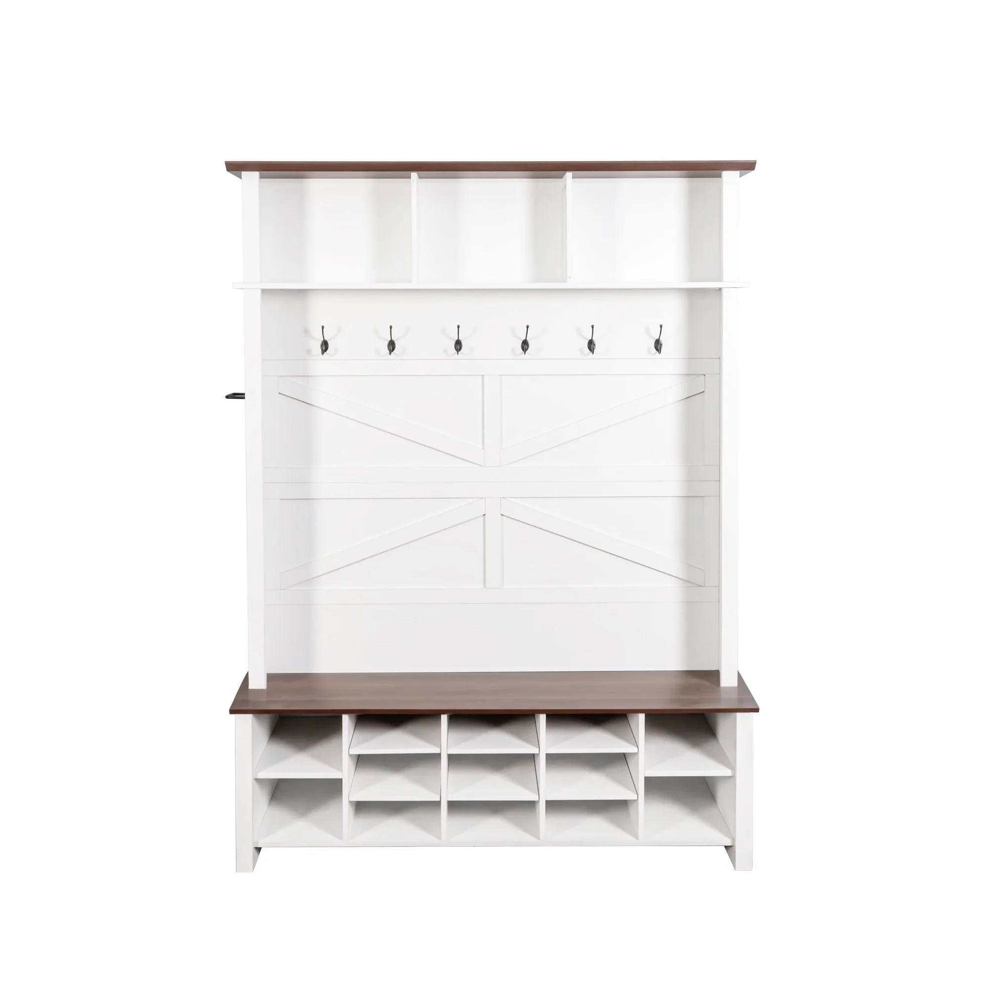 

# Modern 4-in-1 Hall Tree 6 Hooks Particle Board+MDF Bedroom Bench Shelves 16 Open Compartments White Durable Bedroom Furniture