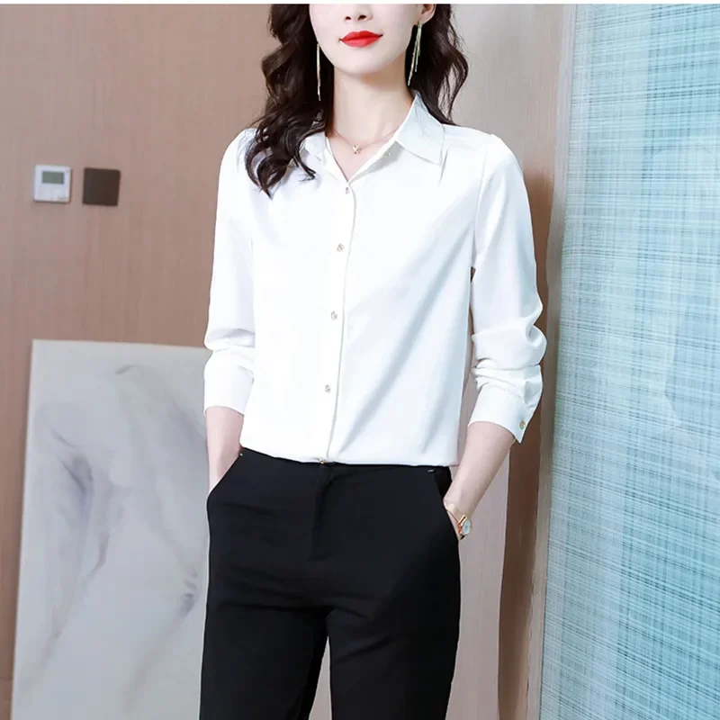 Silk Women's Shirt Vintage Solid Tops for Women Metal Button Up Polo Neck Women Clothing Long Sleeve Top Female Basic OL Shirts
