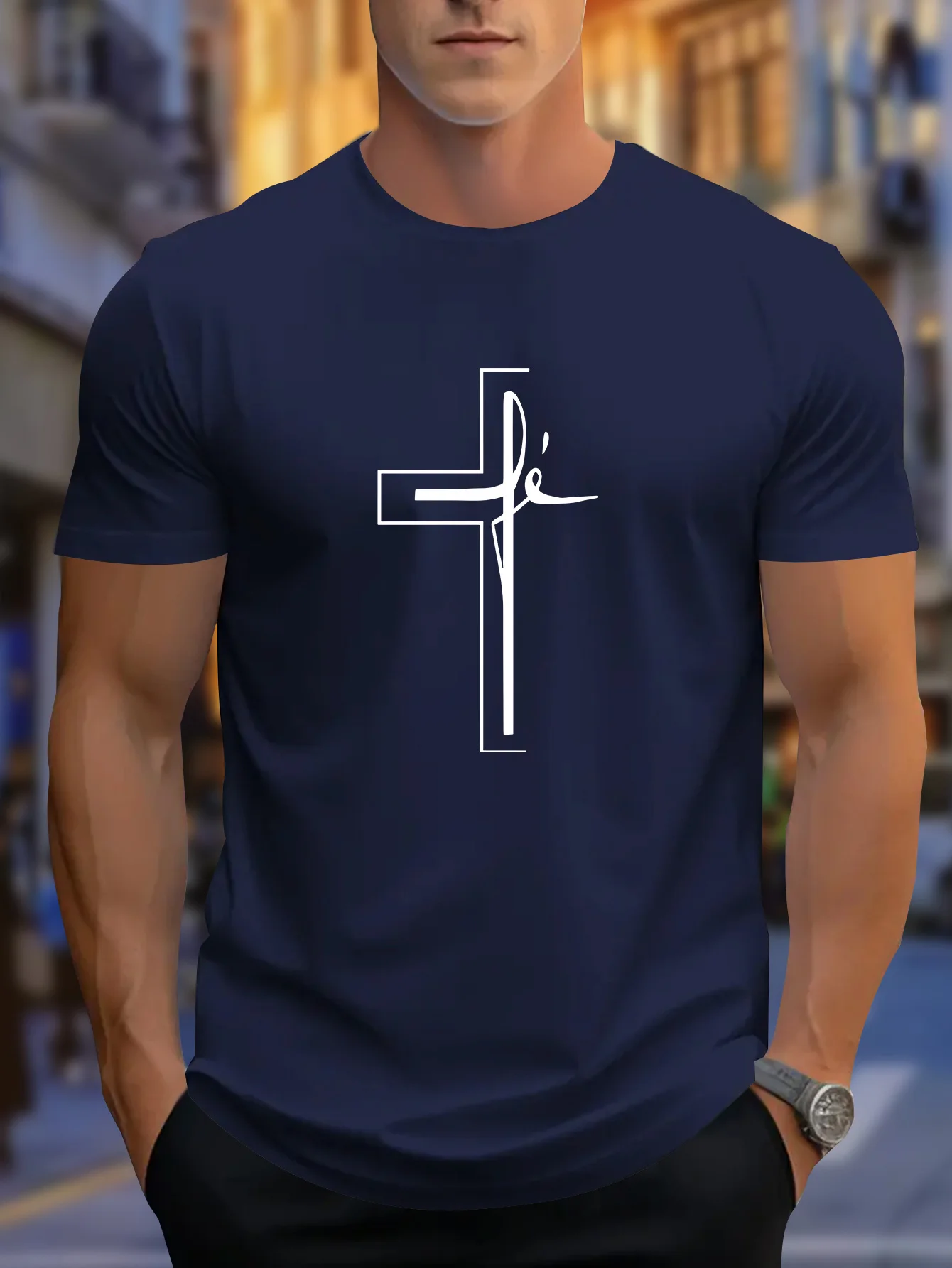 

Men's summer 100 cotton fashionable casual sports loose creative cross pattern printed round neck short sleeved T-shirt top