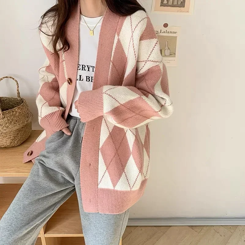 Korean Fashion Cardigan Women\'s Sweater Oversize Diamond Lattice Female Coat Long Sleeve Top Pink Argyle Knitted Cardigans Women