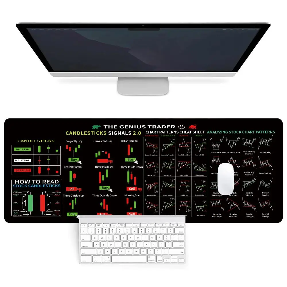 Alfombrilla de ratón XL para comerciante de valores, 300x800, tabla de patrones de candelabro, alfombrilla para teclado, alfombrilla para ratón, alfombrilla de escritorio para inversión, Base de goma con borde cosido