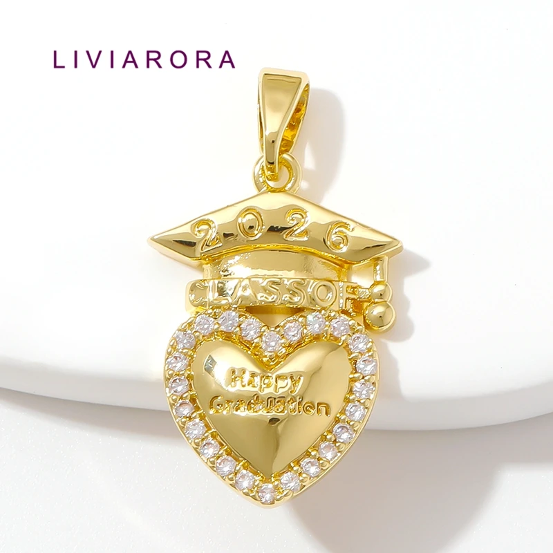 1/2/3Pcs 18K Gold Plated Brass With Zircon Graduation Cap Heart Pendant,Class Of 2026 Happy Graduation Charms,Jewelry Supplies