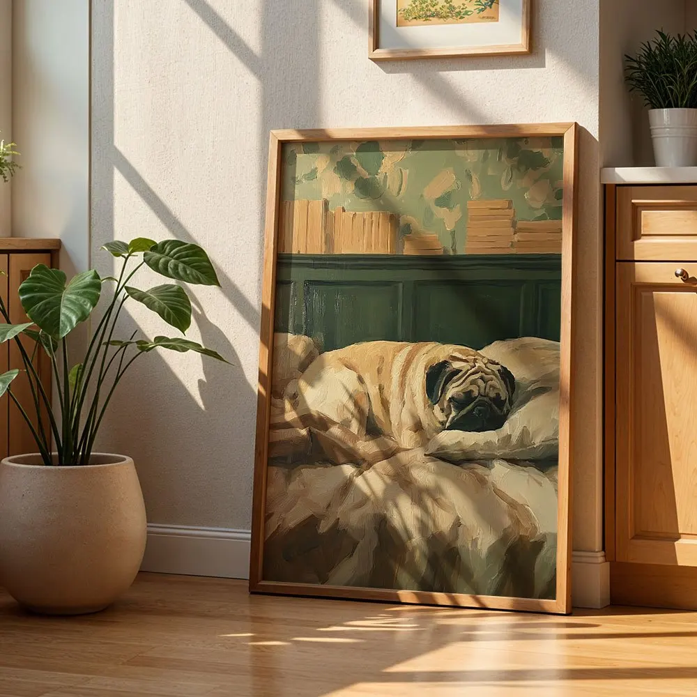 Oil Painting Style Sleeping Pug Dog Canvas Wall Decor Picture, 2D Printed Poster Wall Art, Warm Home Decor Gift For Living Room
