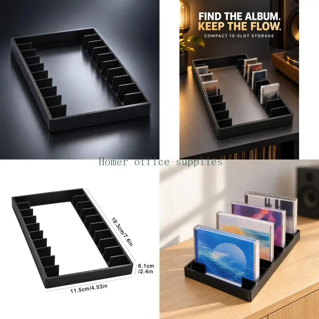 K43B Open-Frame Cassette Tape Case Holder with Vertical Dividers, Black ABS Plastic Rack for Separated Collection Storage in a