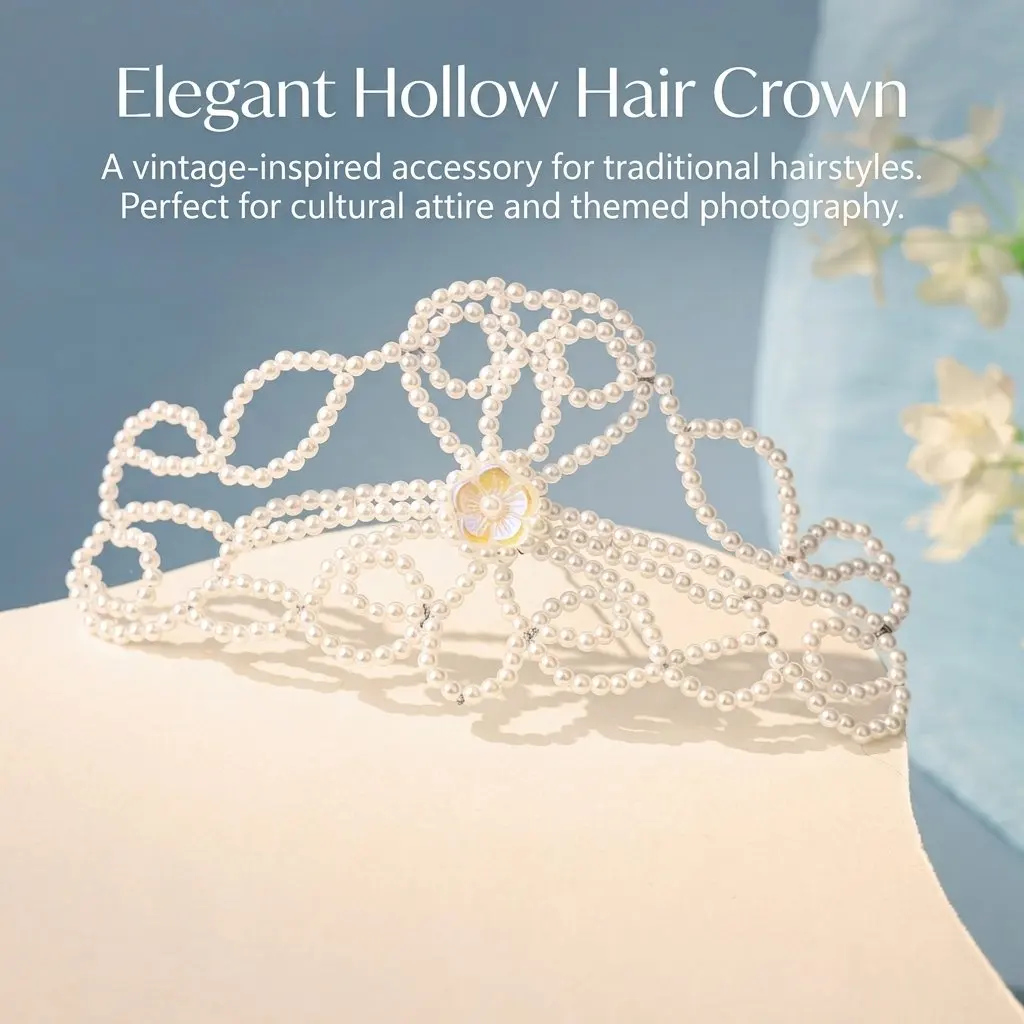 

Faux Pearl Hair Crown 1 Piece Retro Hollow Top Hairpin Traditional Chinese Style Alloy Hair Accessory for Hanfu Cheongsam