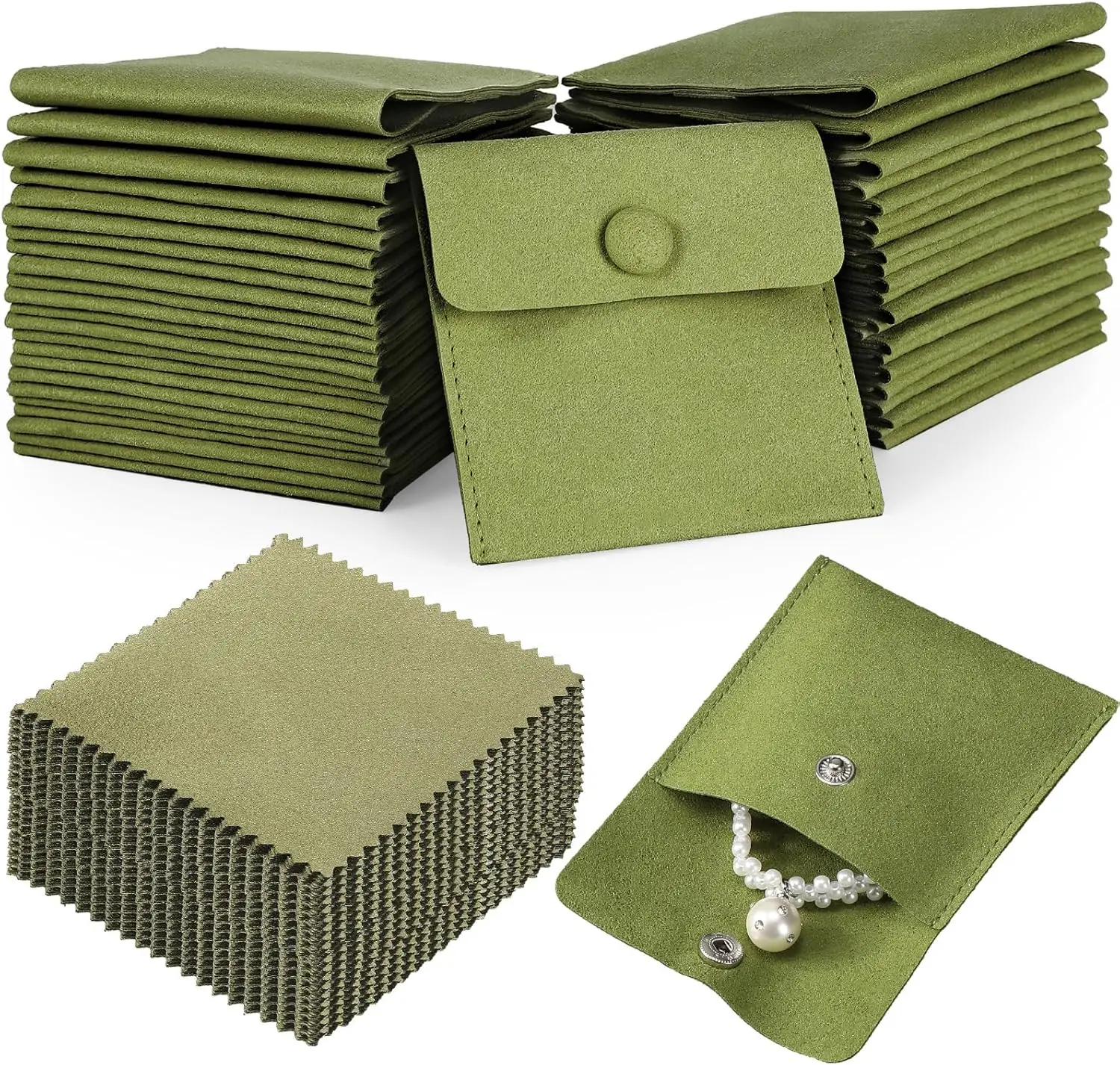 120 Pack Microfiber Jewelry Pouch with Cleaning Cloth 3.2"x3.2" Jewelry Packaging Bag with Snap Button Bags(Green)