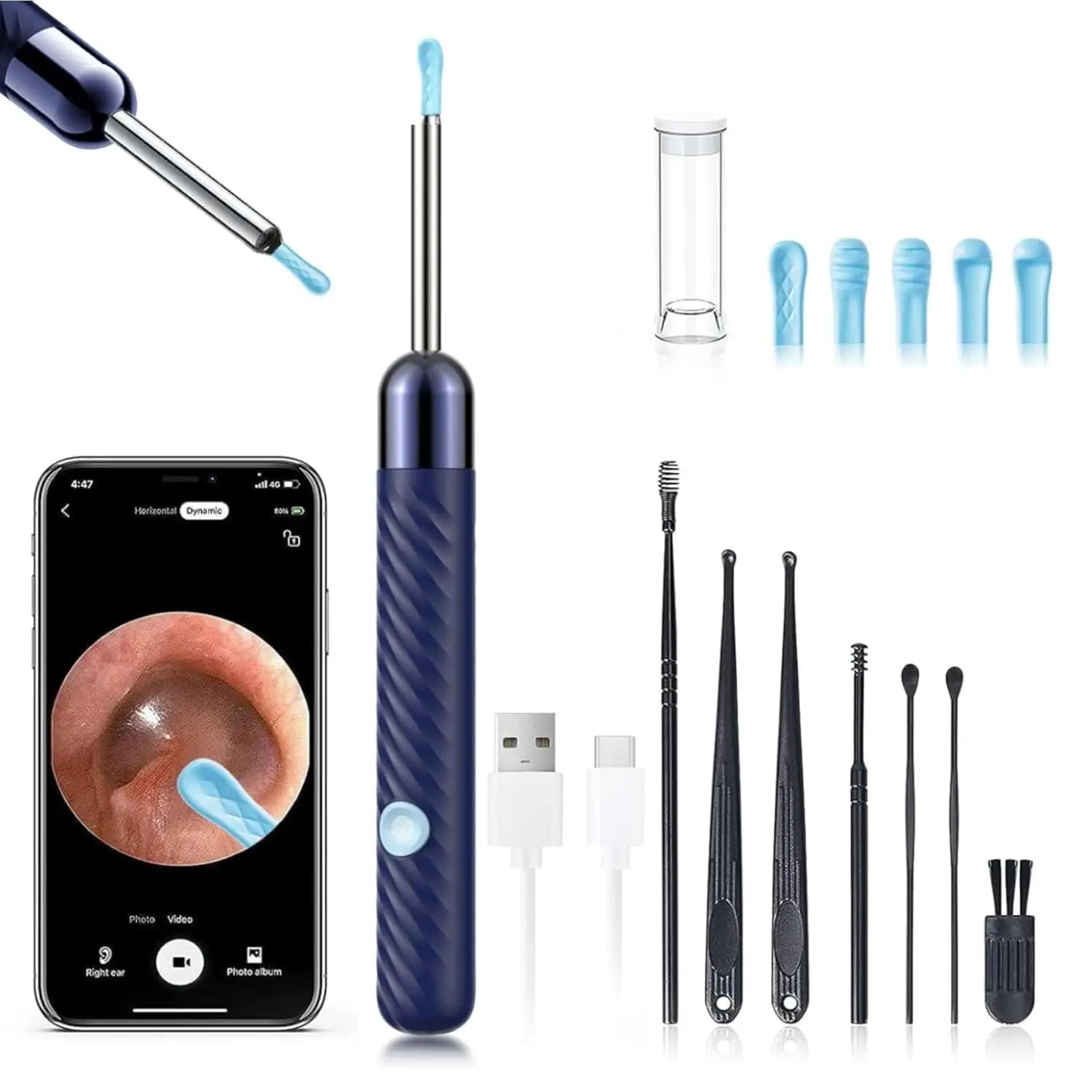 

Ear Wax Removal Tool with 1080P Camera, 8 Pcs Ear Set & 6 Ear Spoons for iOS and Android in Navy Blue