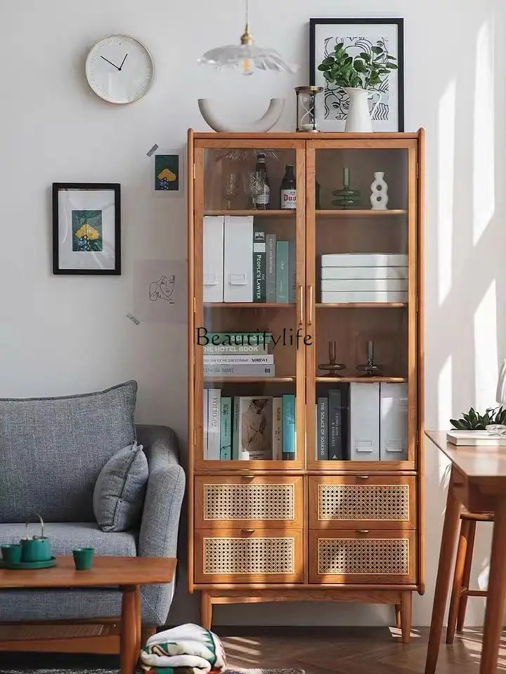 

Japanese-Style Solid Wood Bookcase Simple Double-Door Glass Rattan Storage Cabinet with Drawer