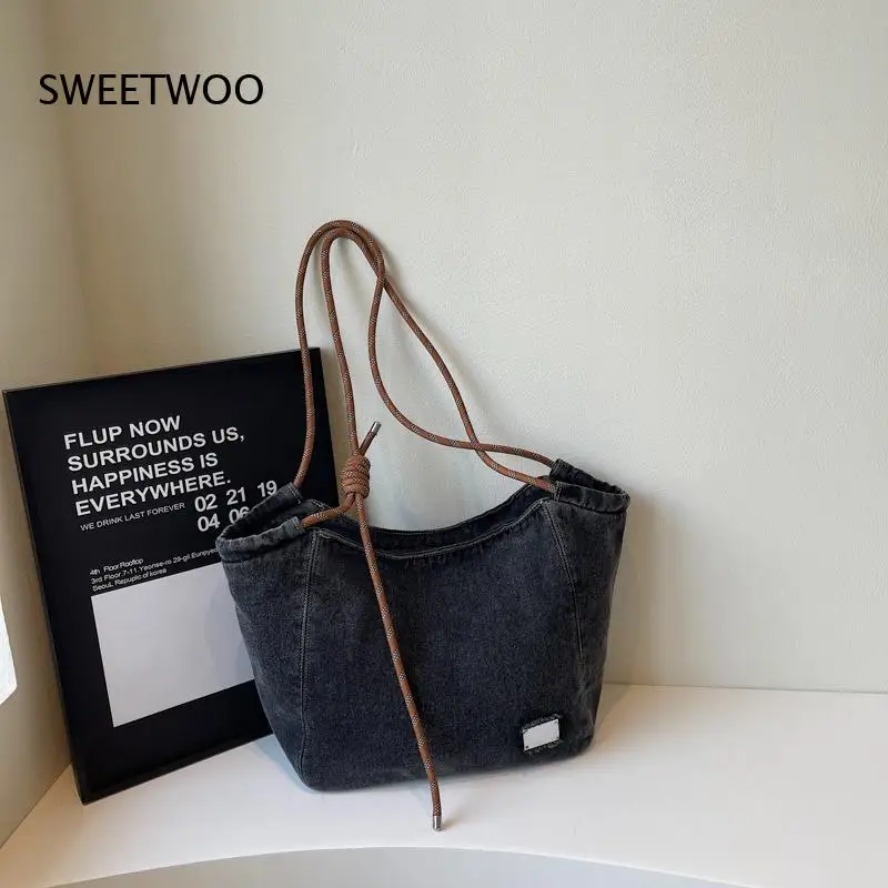 

Washed Frayed Denim Shopper Bag Knotted Leather Drawstring Detail Three Tone Big Capacity Daily Underarm Purse