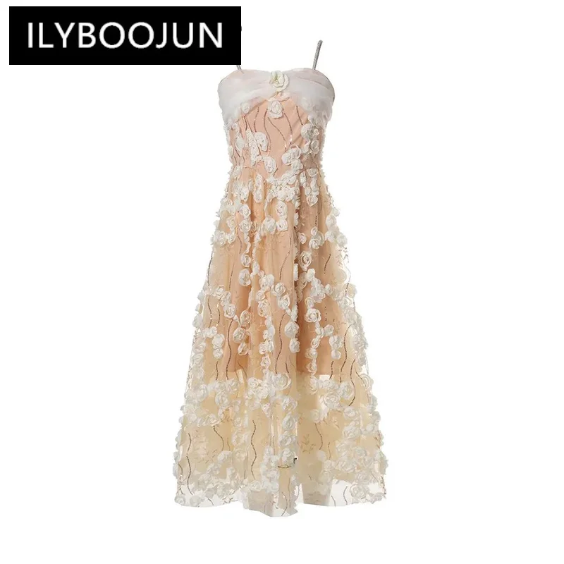 

ILYBOOJUN Summer Fashion Designer High Quality Women Dress Flowers Appliques Sequins Embroidery Net Yarn Spaghetti Strap Dresses