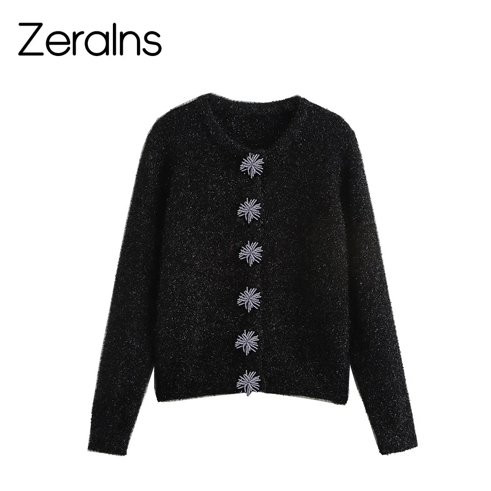 

ZERAINS 2022, осенне-зимний новый модный женский костюм, вязаный кардиган с длинными рукавами и круглым вырезом на застежке из бисера