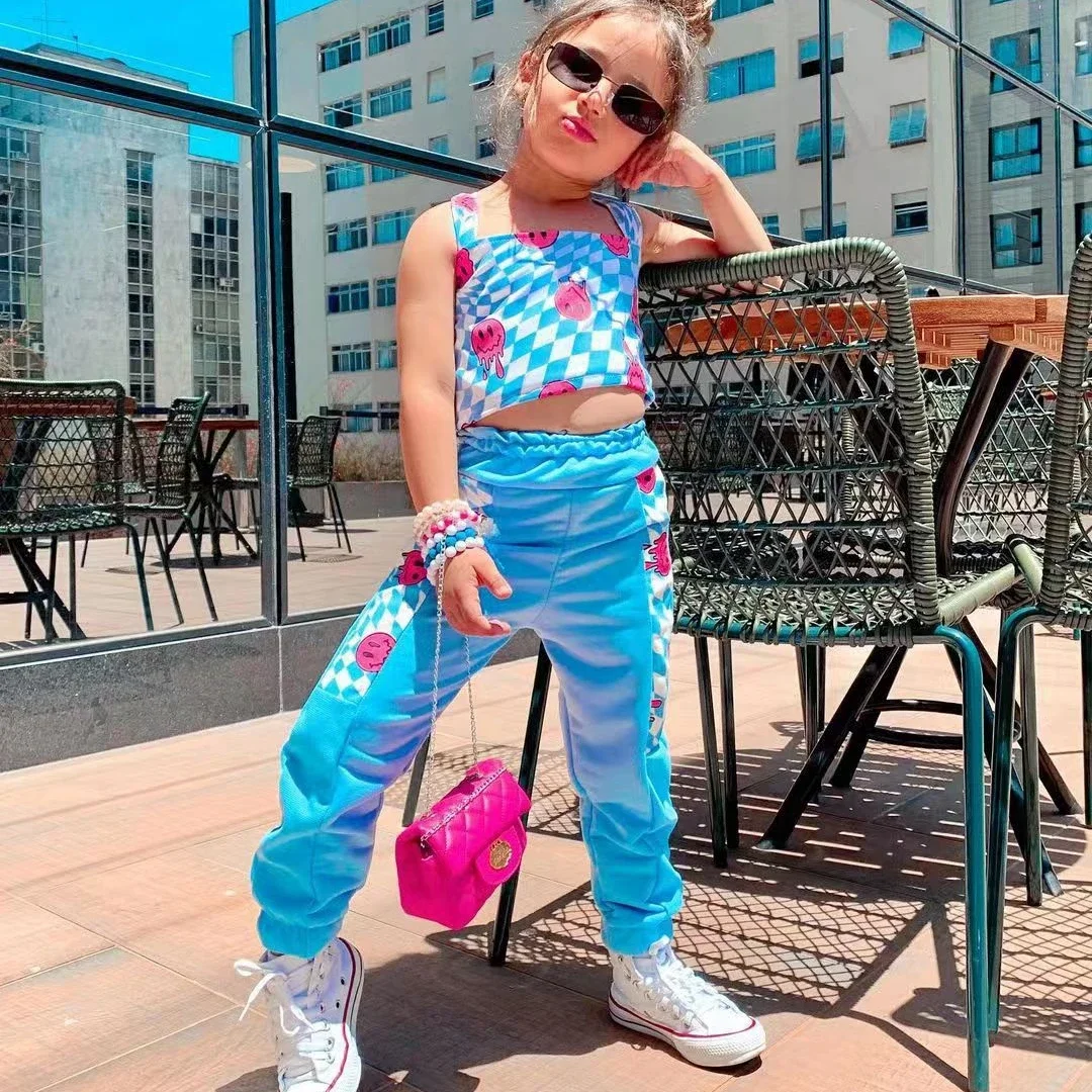 Summer New Girls Clothes Sets Sleeveless Cartoon Print Camisole Crop Tops + Patchwork Sports Pants Children's Casual Clothing