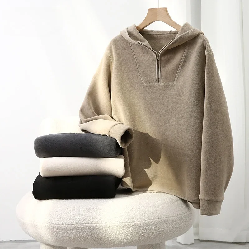 Women's Thickened Long Sleeve Half-Zip Hoodie Casual Autumn Winter Sports Pullover Solid Loose Fashion Hooded Sweatshirt