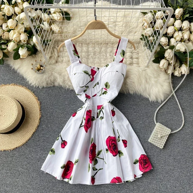 Women\'s Summer Dress French Retro V-neck Print Sleeveless Short Suspender Dress New Waist Slim Feamle Dresses DE673