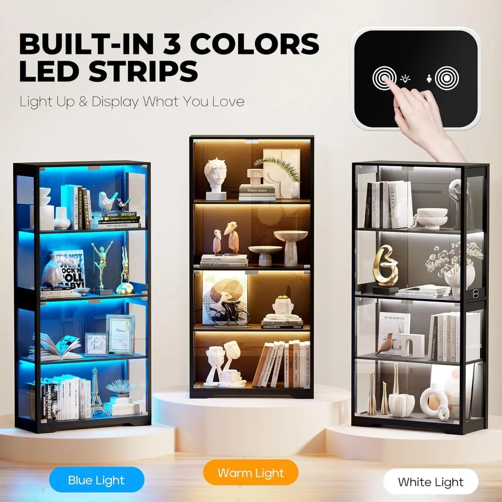 Display Cabinet with Glass Doors, 4-Tier Curio Cabinet&Bookcase with 3 Color Light for Collectibles,Toys, Books, Storage Cabinet image 3