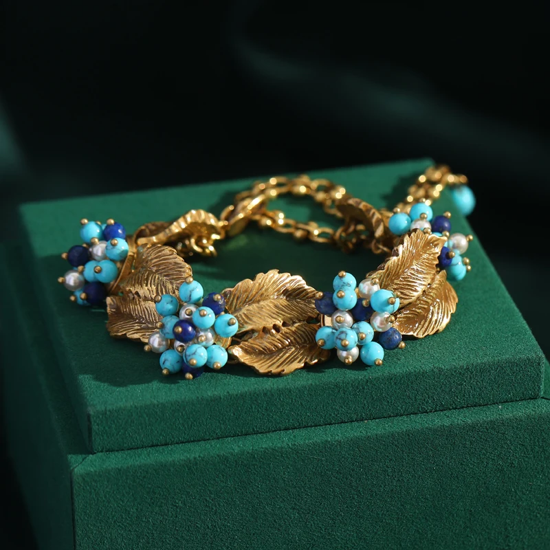 Luxury Woman Leaves Charm Bracelet Italian Designer Boho Blue Beads Pearl Handmade Jewelry Women\'s Accessories Christmas Gifts