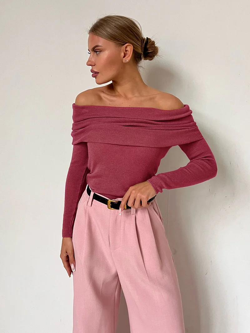 Off-The-Shoulder Knitwear Europe America 2024 Spring Women's Slim-Fit Solid Color Pullover Long-Sleeved Sweater With A Line Neck