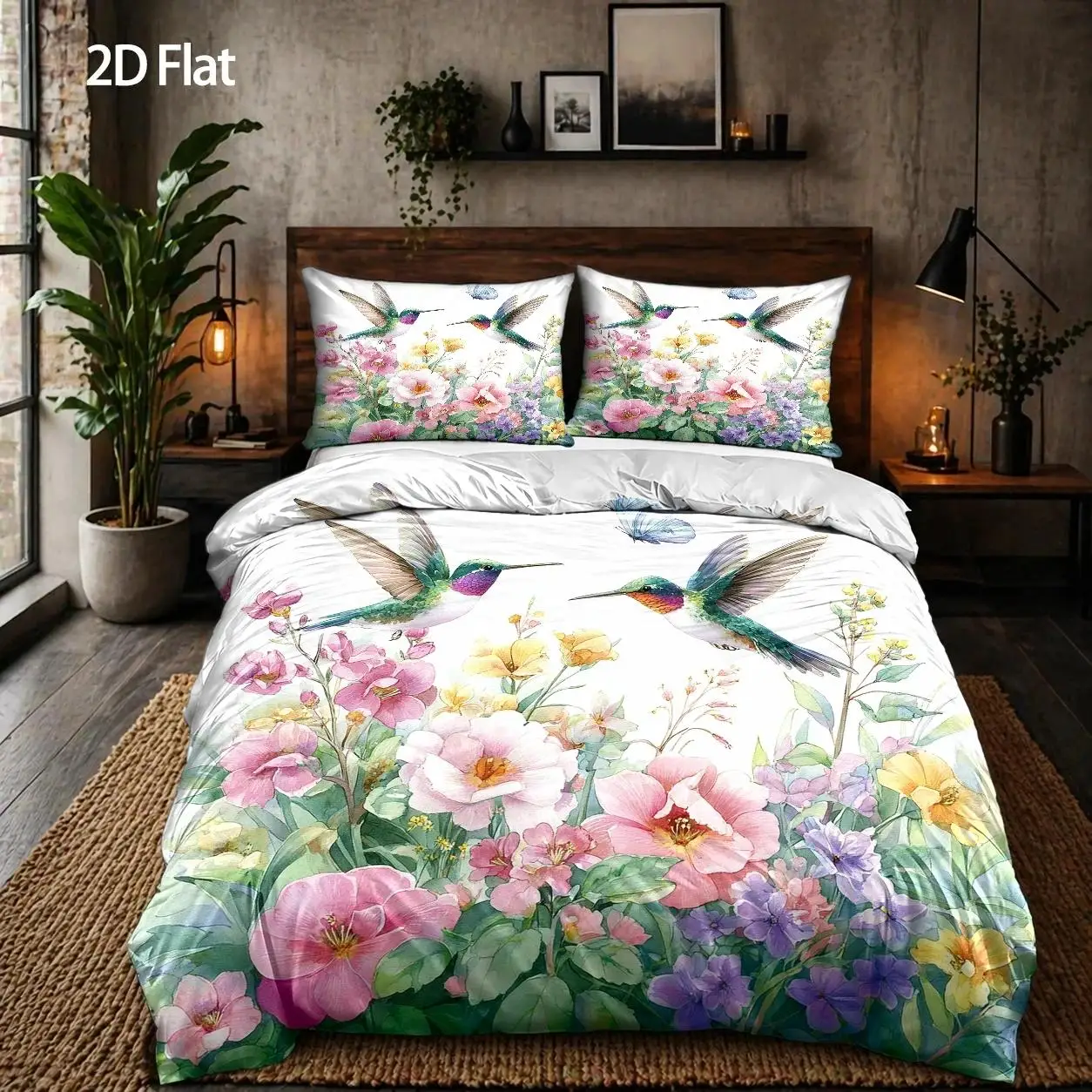 3-Piece Quilt Cover Set, 1 Quilt Cover + 2 Pillowcases (Without Filling), Hummingbird Flower Sea Theme, Dreamy Watercolor Style, Spring, Home Decor, Suitable for All Seasons, Machine Washable, Invisible Zipper, Suitable for Master Bedroom, Dormitory, Guest Room Use