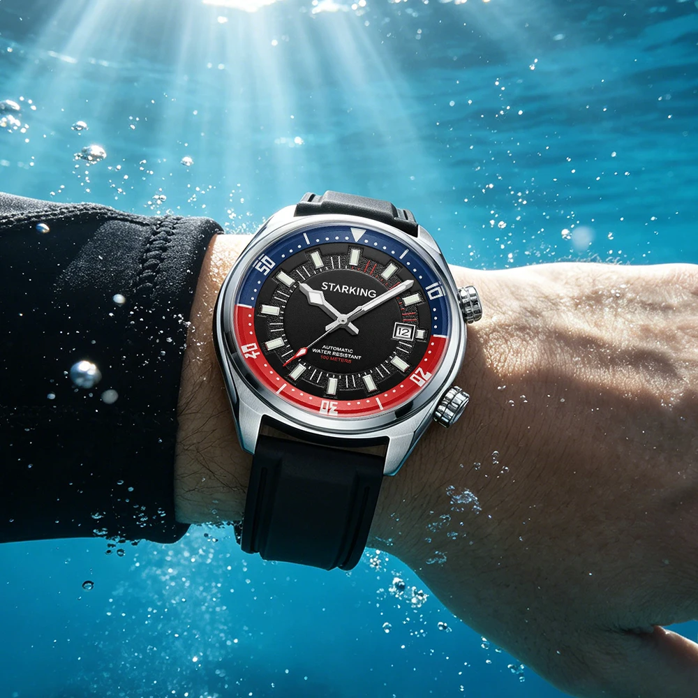 STARKING Men's Automatic 8215 Diving Watch Luminous Mechanical Watches Swimming Dive 100m Waterproof Wristwatch Silicone Strap