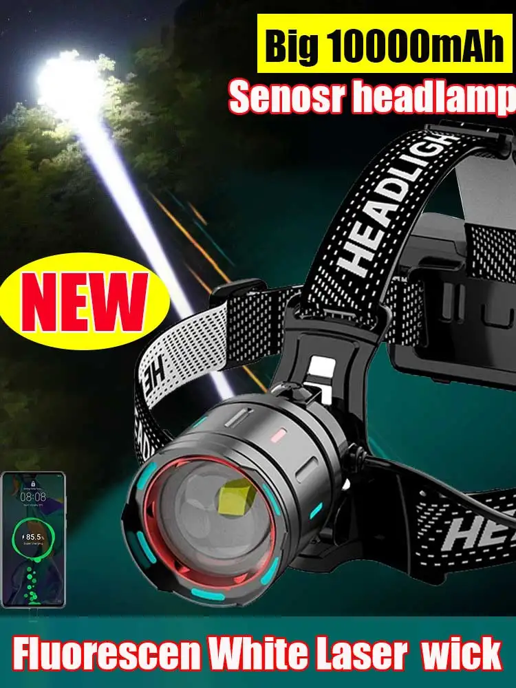 1000W LED Senson Headlamp Flashlight White Laser Wick with fluoresce Zoom Waterproof Head Lamp 9900000000LM Head light for camp