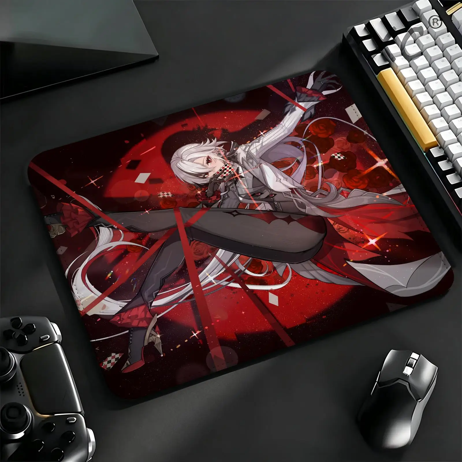 Compact Gaming Mat Reinforced Stitched Border, Portable Laptop Desk Pad for Office & E-sports Genshin Impact Arlecchino