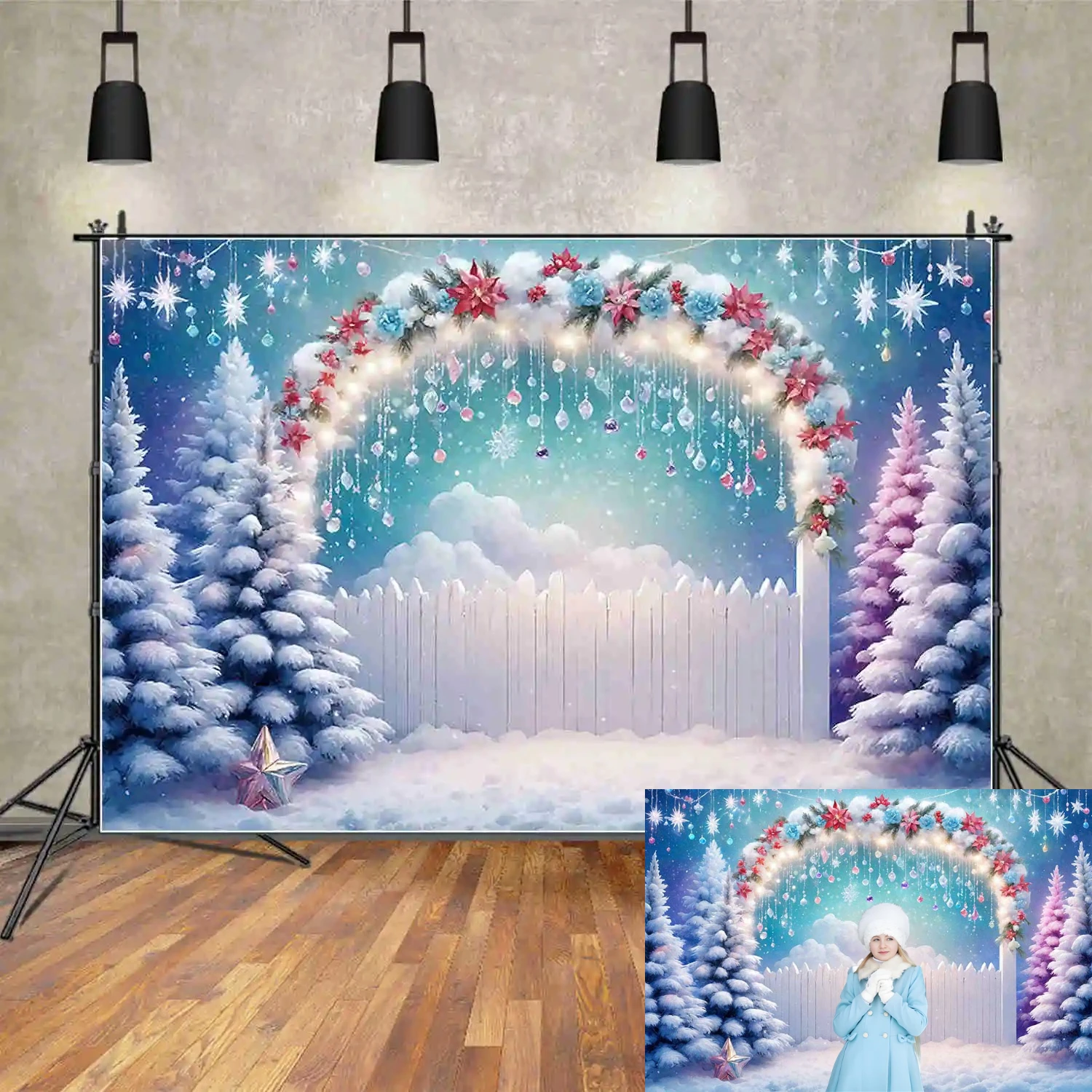 

MOON.QG Christmas Tree Arch Backgrounds Snow Winter Wood Fence Pine Frozen New Year Decoration Backdrops Photozone Accessories