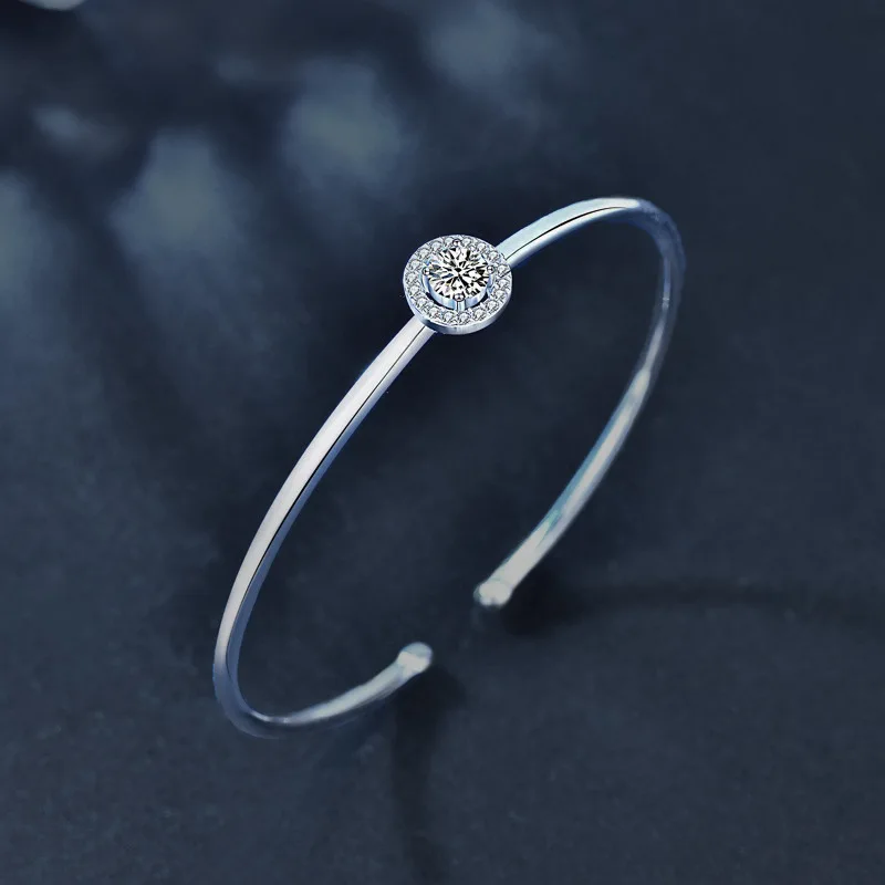 

S925 Silver White Gold Plated 1CT D Color Moissanite Solid Circle Bangle Bracelet for Women, Elegant Fine Jewelry