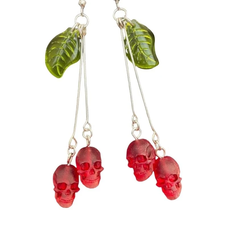 

652F Trendy Gothic Skull Cherries Earrings Gothic Skull Earrings With Red Vampires Design Stylish Ear Accessory For Women