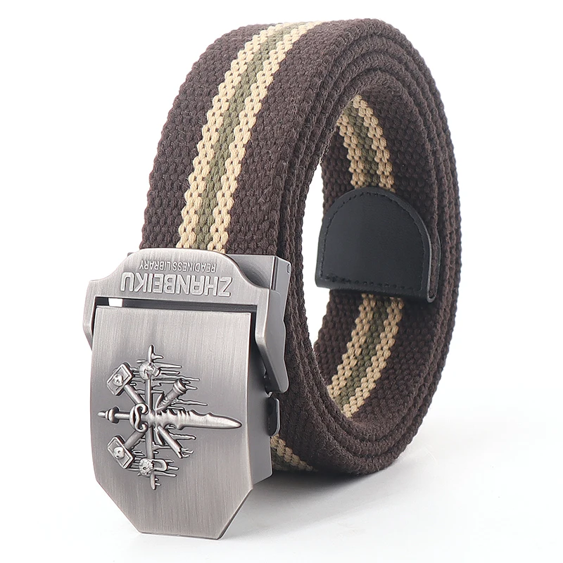 Mens Canvas Outdoor Tactical Army Belt 3D Sword Relief Metal Buckle Unisex Jeans Belt for Men Military Training Hunting Belts