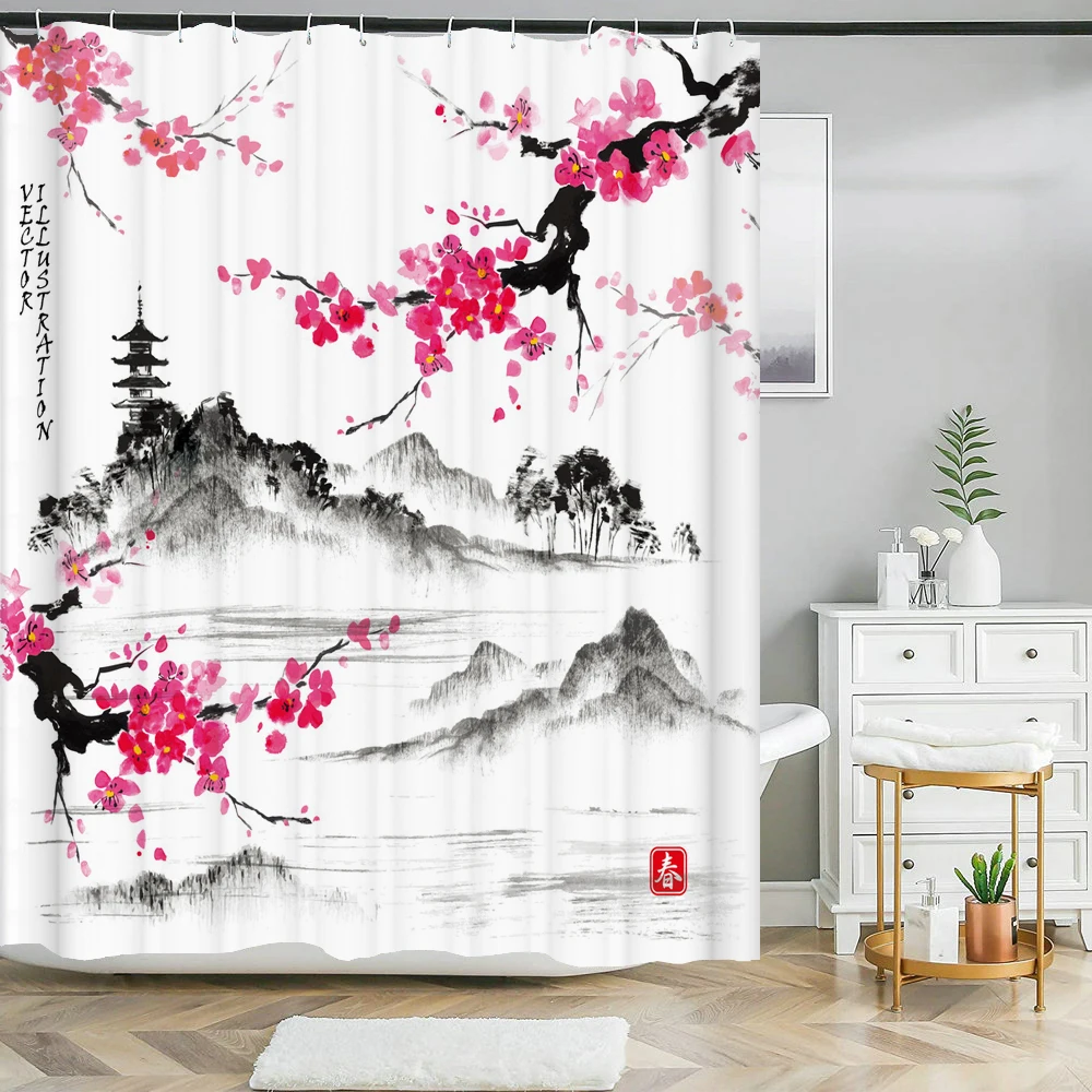 Japanese-style Flowers Plum Blossom Shower Curtains Bathroom Curtain Frabic Waterproof Polyester Bath Curtain with Hooks