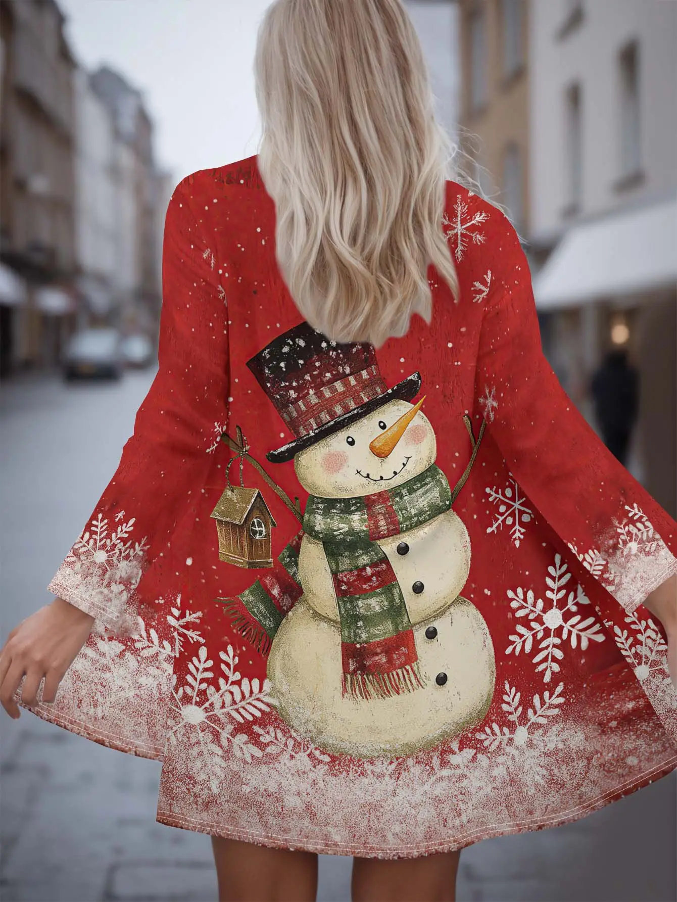 

2024 Рождественское женское пальто с принтом снеговика и снежинки, красно-белый 3D-дизайн, теплый кардиган с длинными рукавами, зимняя праздничная мода